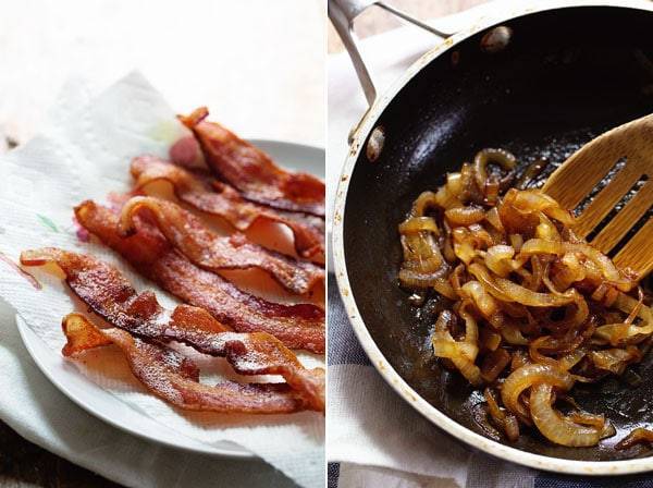 Cooked bacon and caramelized onions.