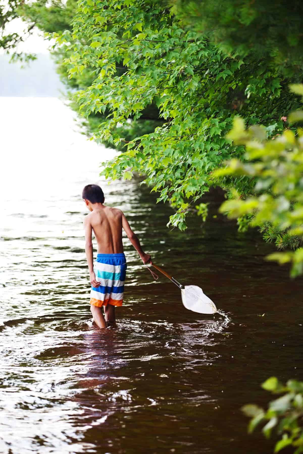 Young boy with a fishing net in a lake.