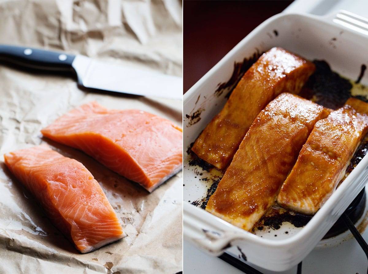 Raw salmon and cooked salmon.
