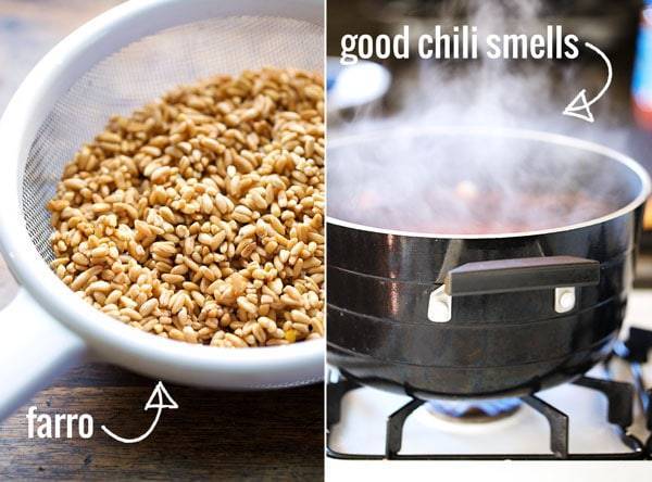 Farro in a strainer and in a pot over the stove.