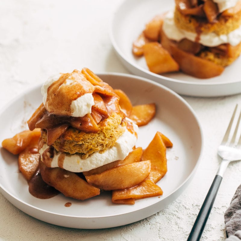 A picture of Pumpkin Shortcakes with Cinnamon Apples and Maple Whipped Cream Cheese