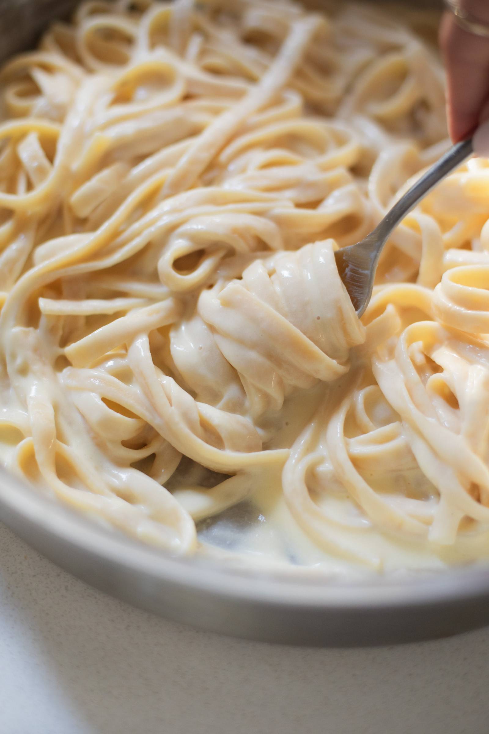 Twirling fettuccine Alfredo on a fork in a pan.