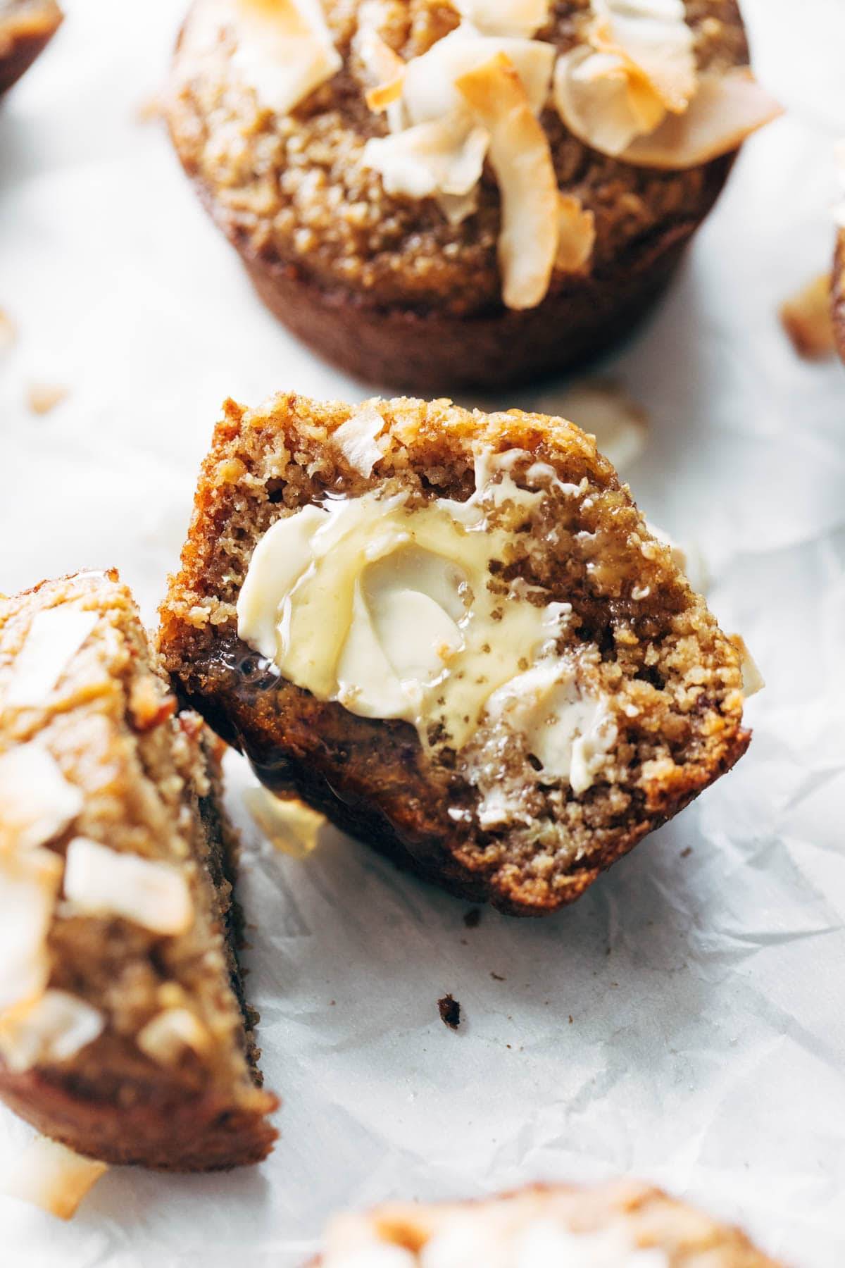 Apple muffin with butter and honey.
