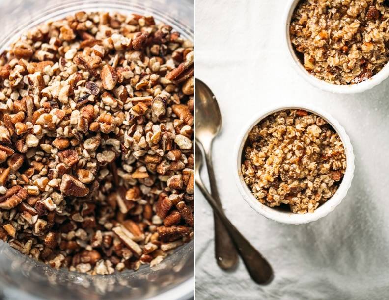 Crushed nuts in a clear bowl and apple crisp in two white dishes.