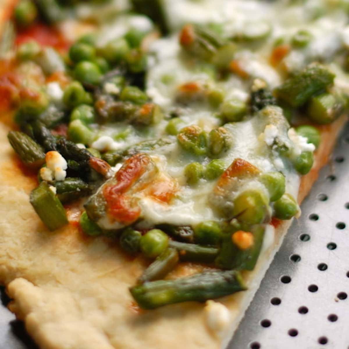 Asparagus, peas, and goat cheese pizza.