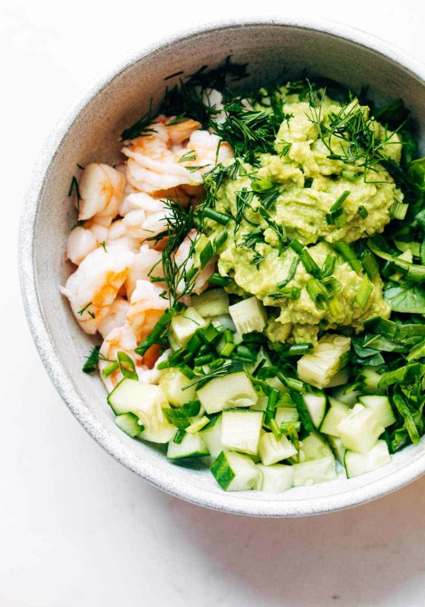 Avocado shrimp salad in a bowl.