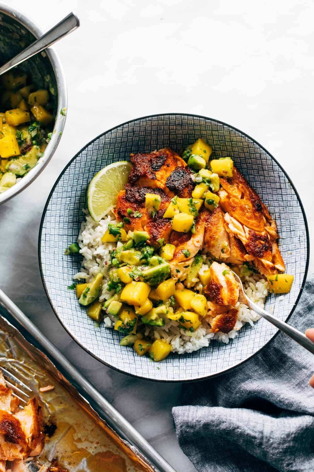 BBQ Salmon Bowls with fork.