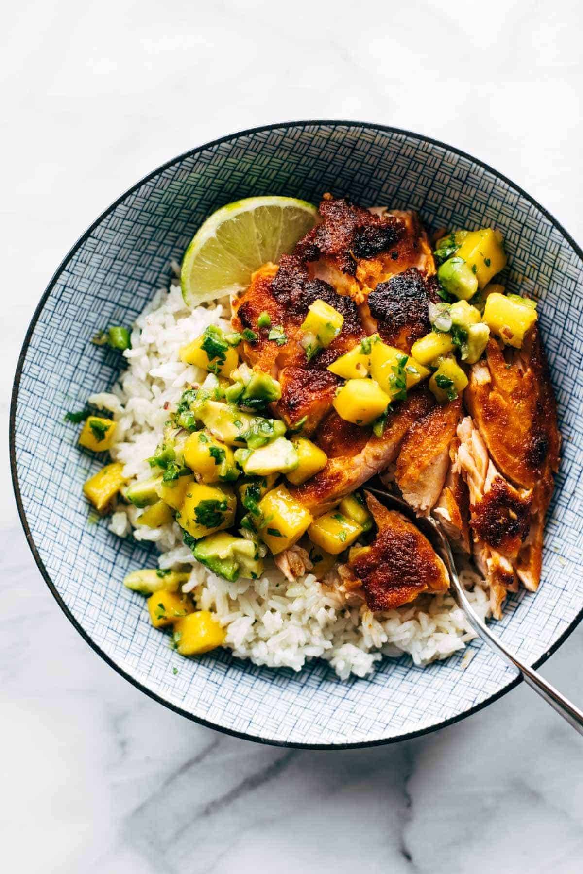 Bbq Salmon Bowls With Mango Avocado Salsa Recipe Pinch Of Yum