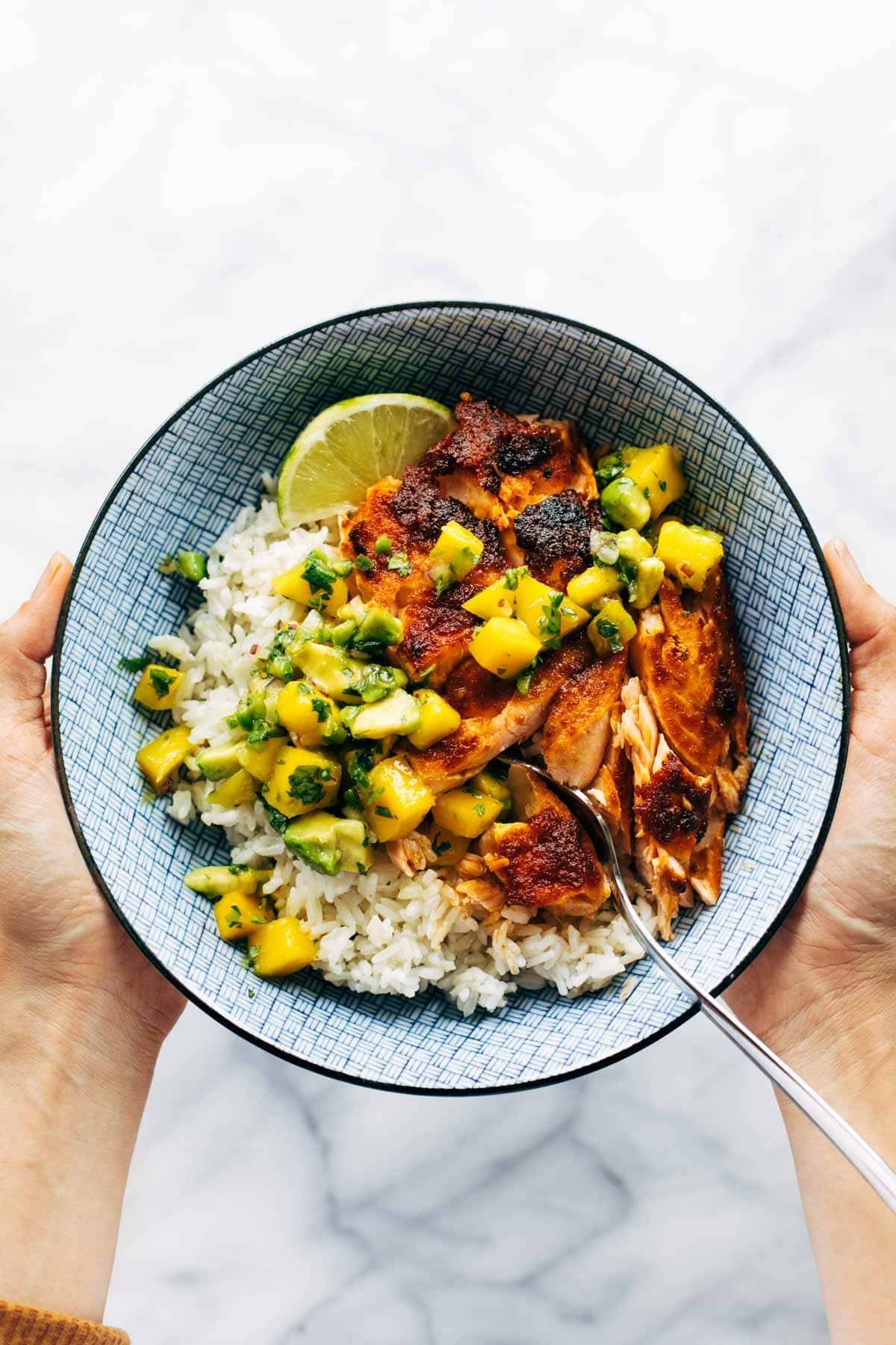 Bbq Salmon Bowls With Mango Avocado Salsa Recipe Pinch Of Yum