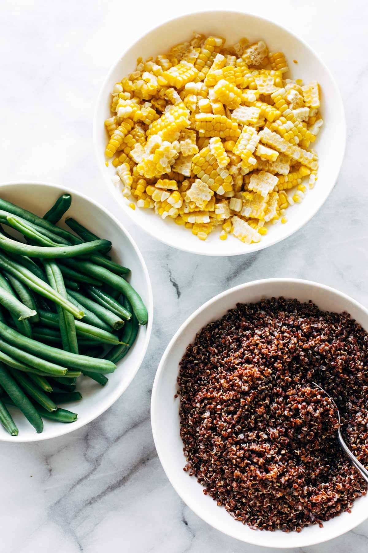 Corn, green beans, and quinoa for BBQ tofu bowls.
