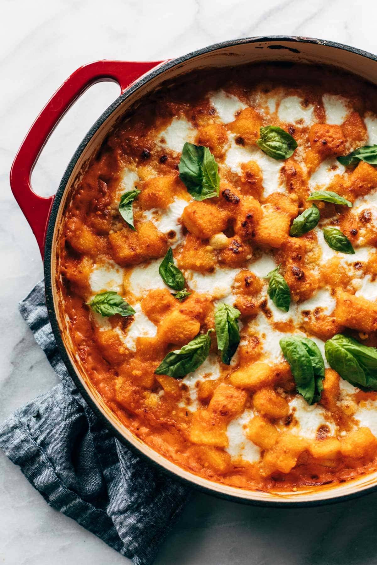 Baked gnocchi in a dutch oven.