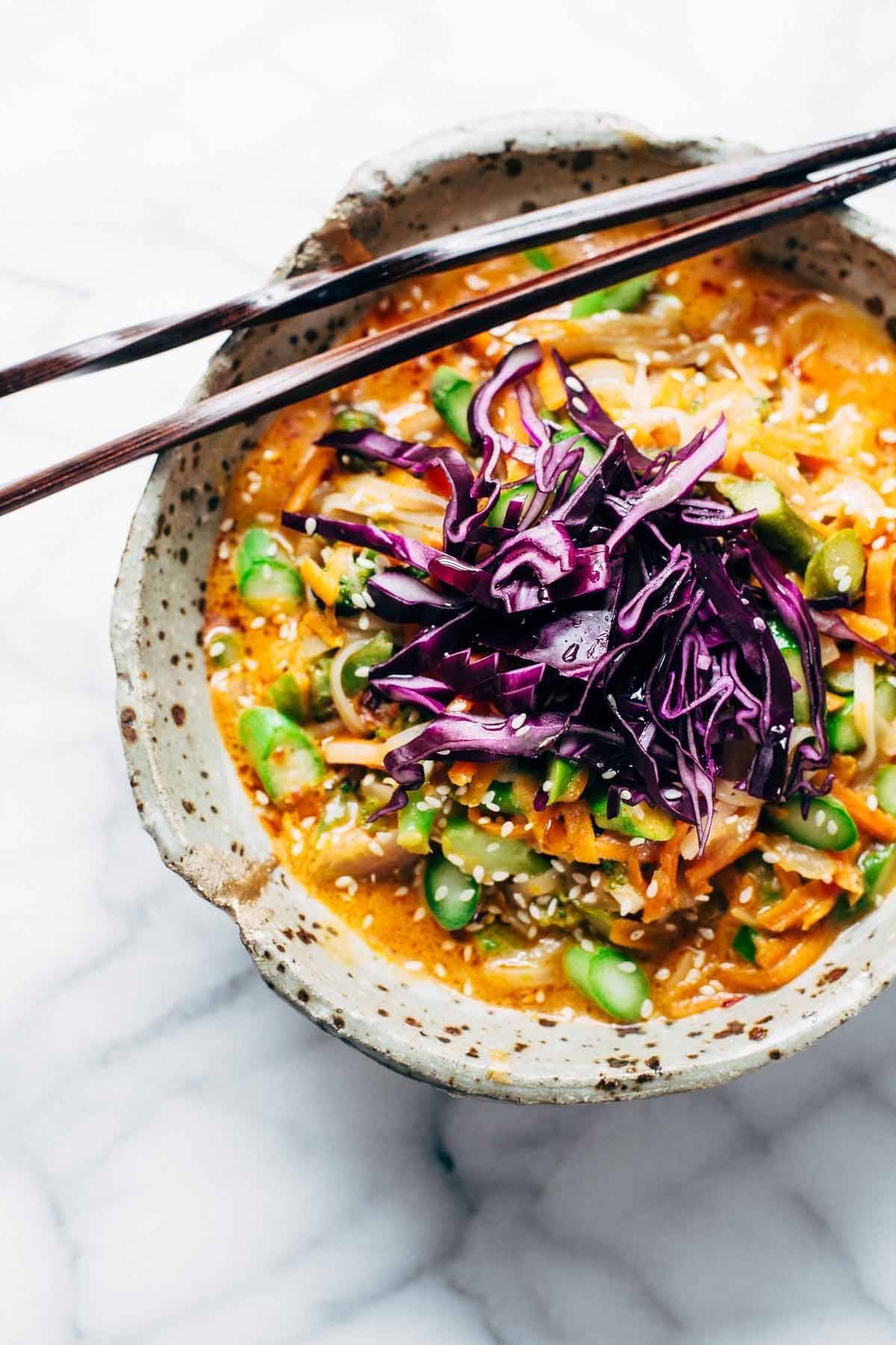 These Bangkok Coconut Curry Noodle Bowls with brown rice noodles are healthy and easy - can be made vegetarian, vegan, or gluten free! | pinchofyum.com