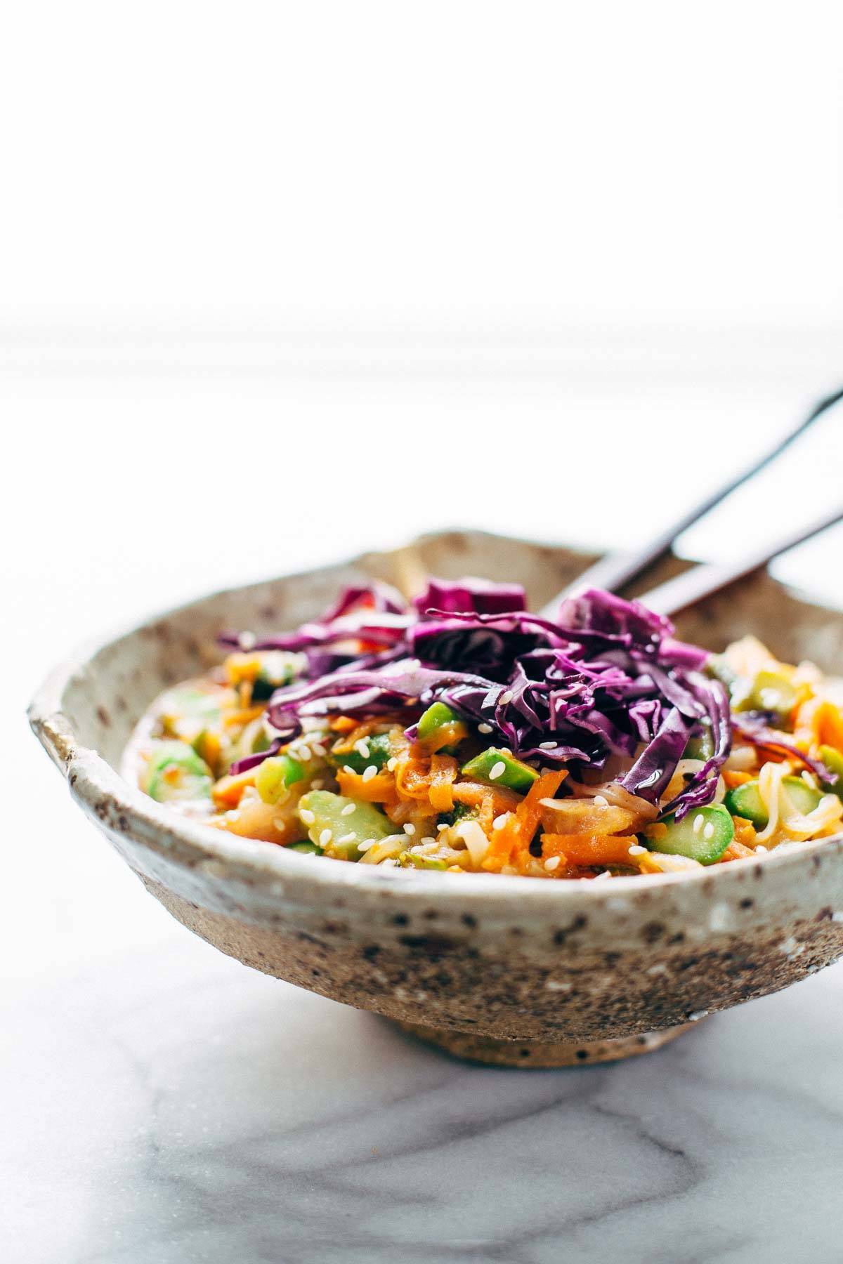 These Bangkok Coconut Curry Noodle Bowls with brown rice noodles are healthy and easy - can be made vegetarian, vegan, or gluten free! | pinchofyum.com