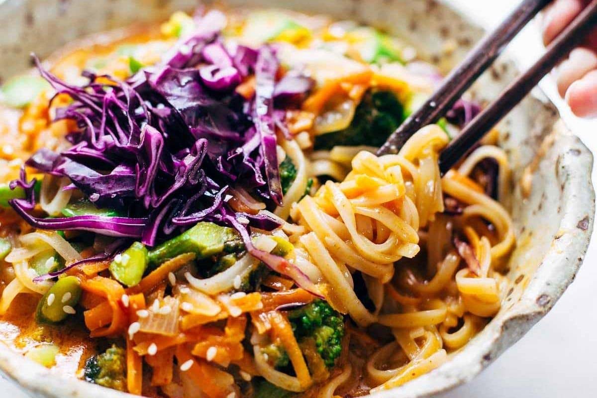 Bangkok Coconut Curry Noodle Bowls with chopsticks.