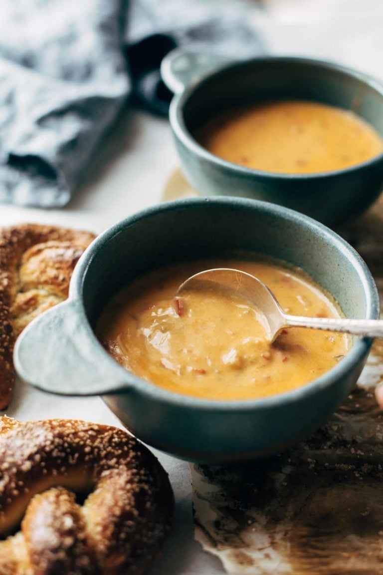 Beer Cheese Soup with Soft Pretzels Recipe Pinch of Yum