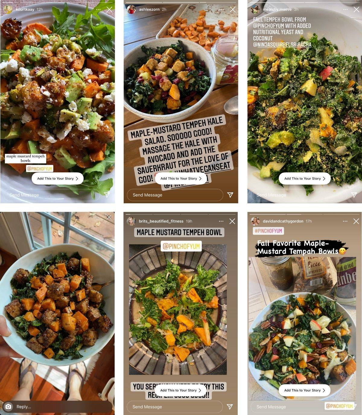 6 screenshots of POY reader Instagram images of their versions of the Maple Mustard Tempeh Bowls.