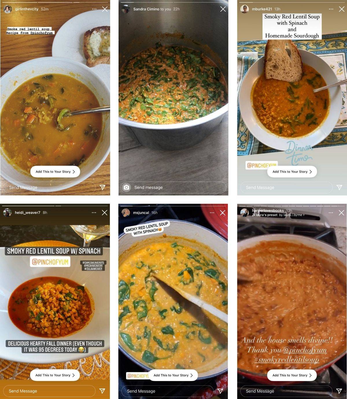 Instagram story screenshots of Smoky Red Lentil Soup.