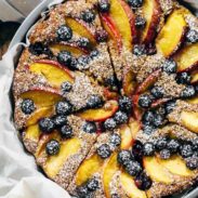 Blueberry Peach Cake in a baking pan.