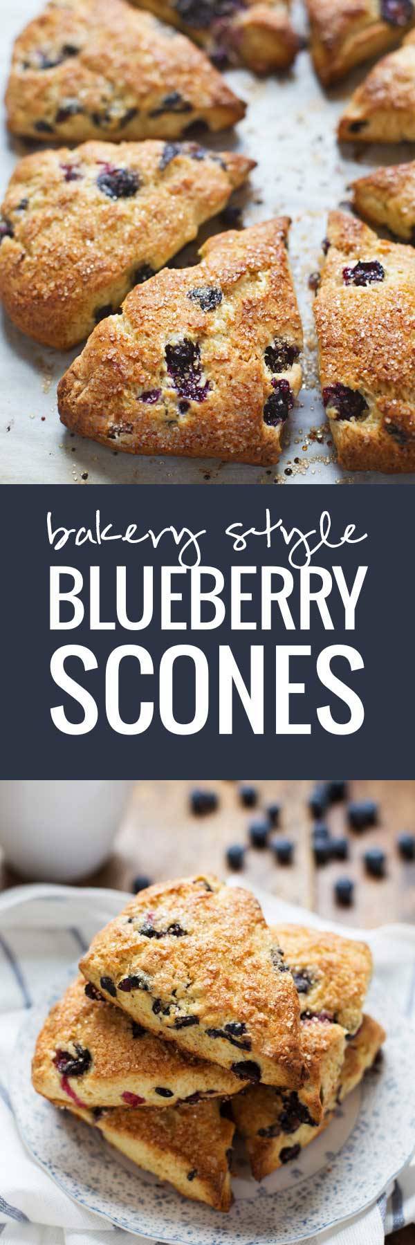 Bakery Style Blueberry Scones - crunchy sugary outside, juicy blueberries + flaky tender inside.