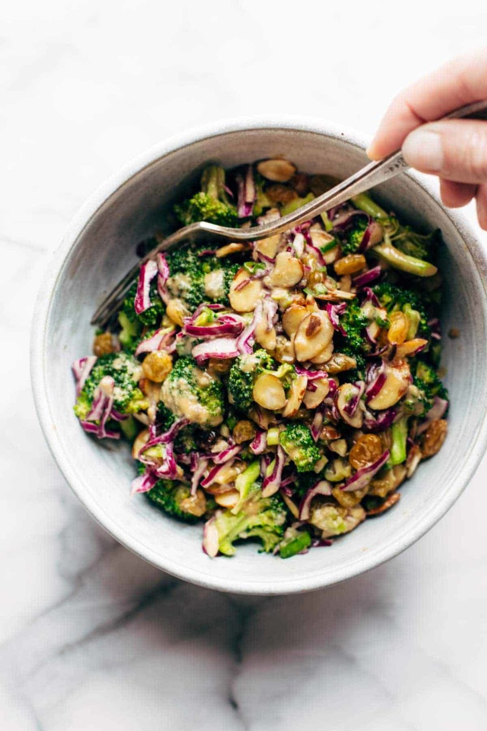 Super Clean Broccoli Salad with Creamy Almond Dressing Recipe - Pinch ...