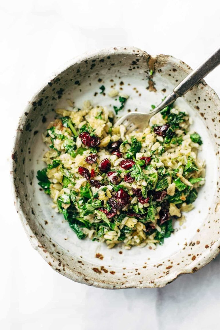 Garlic Kale and Brown Rice Salad with Lemon Dressing Recipe Pinch of Yum