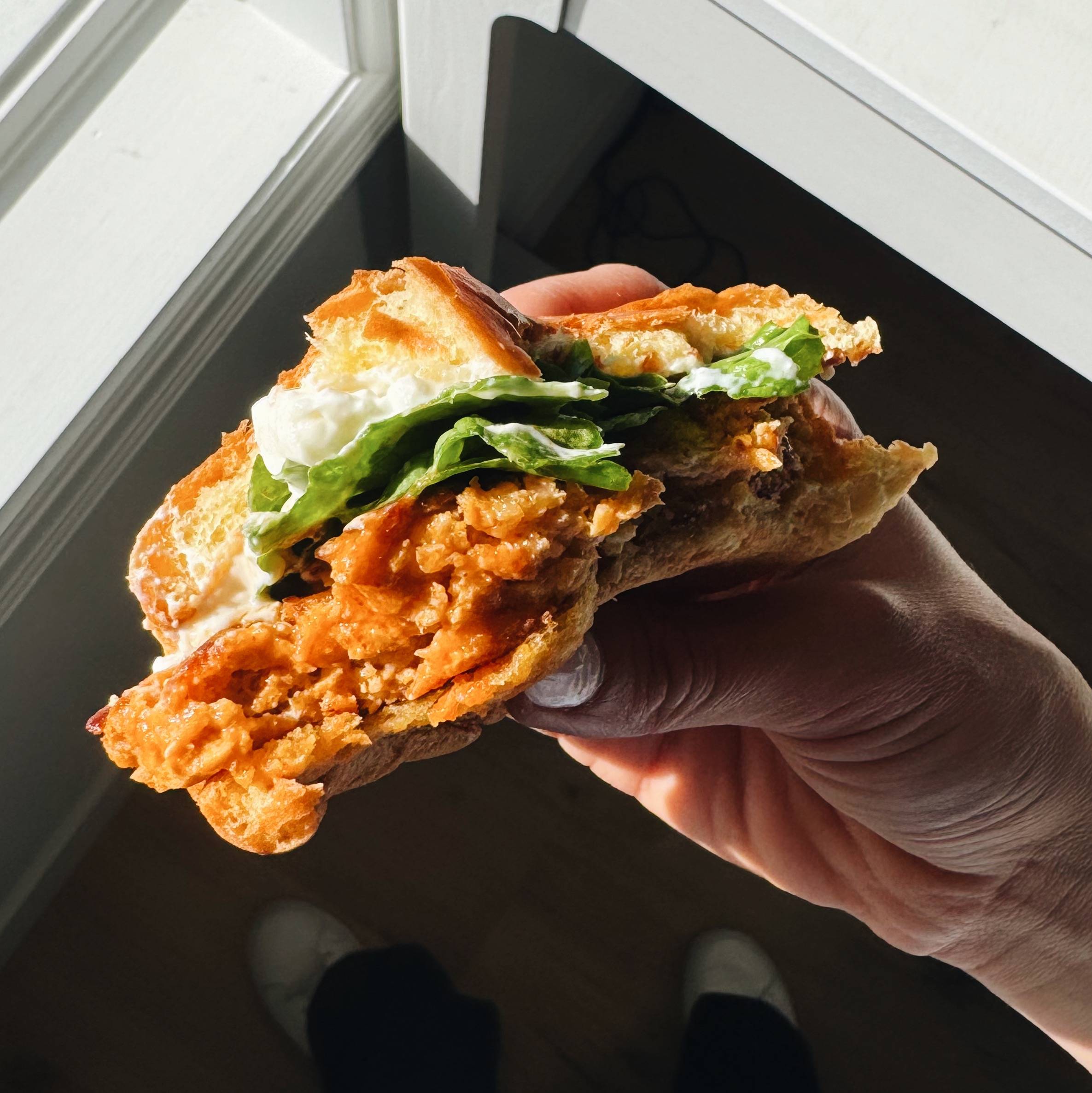 Hand holding a buffalo chicken burger.