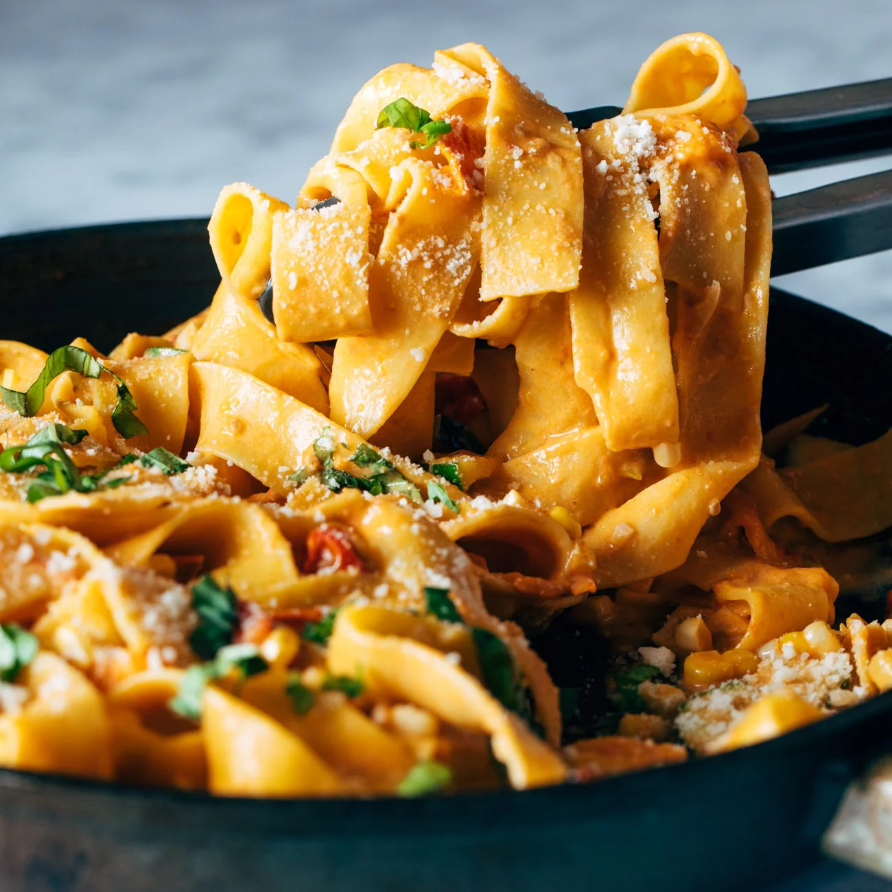 Burst Tomato Pappardelle with Zucchini, Sweet Corn, and Pan-Fried Chicken  Recipe - Pinch of Yum