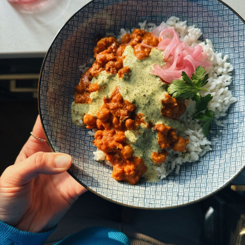 A picture of Butter Cauliflower and Chickpeas with Mint Cilantro Sauce