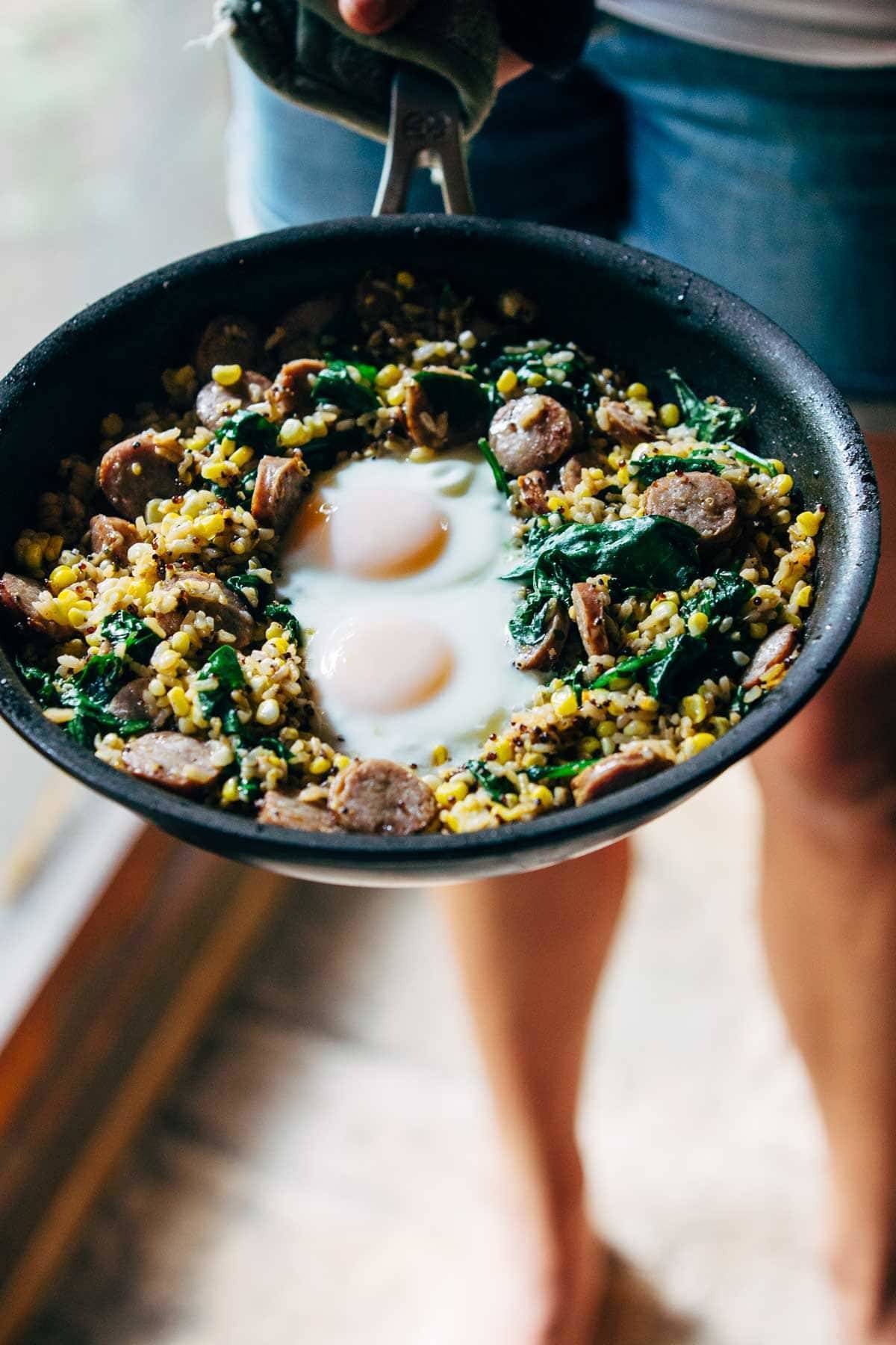 Skillet with eggs and sausage.