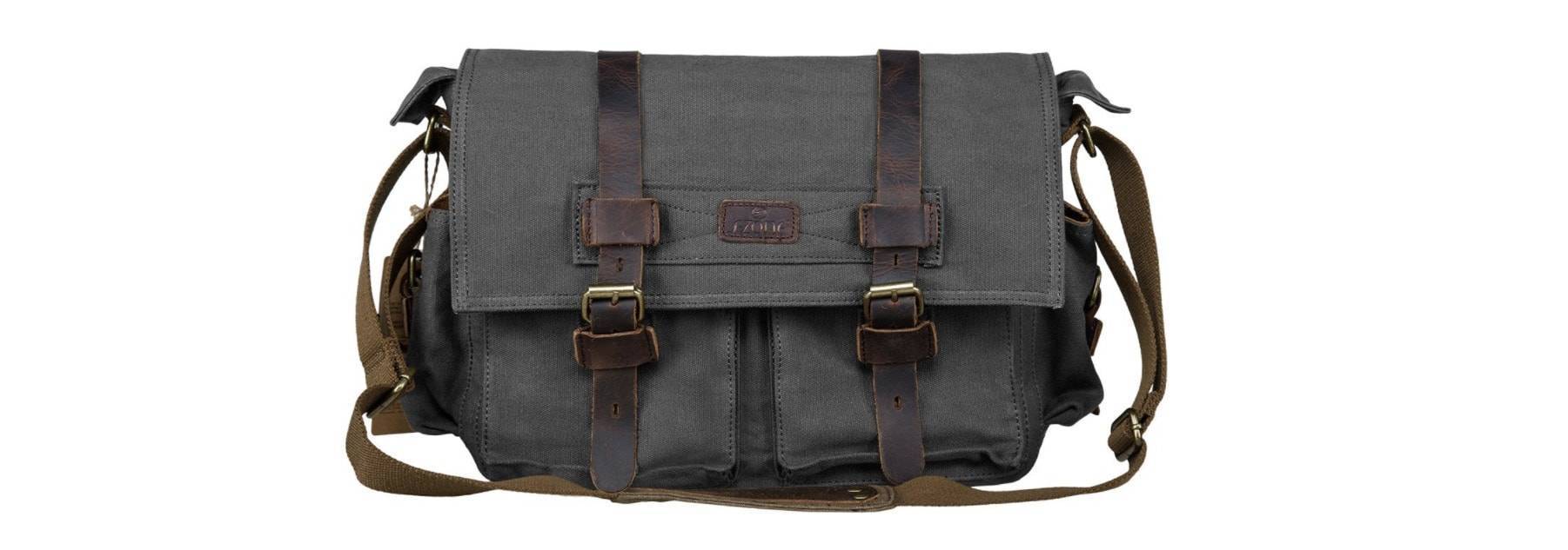 A gray and brown camera bag with buckles.