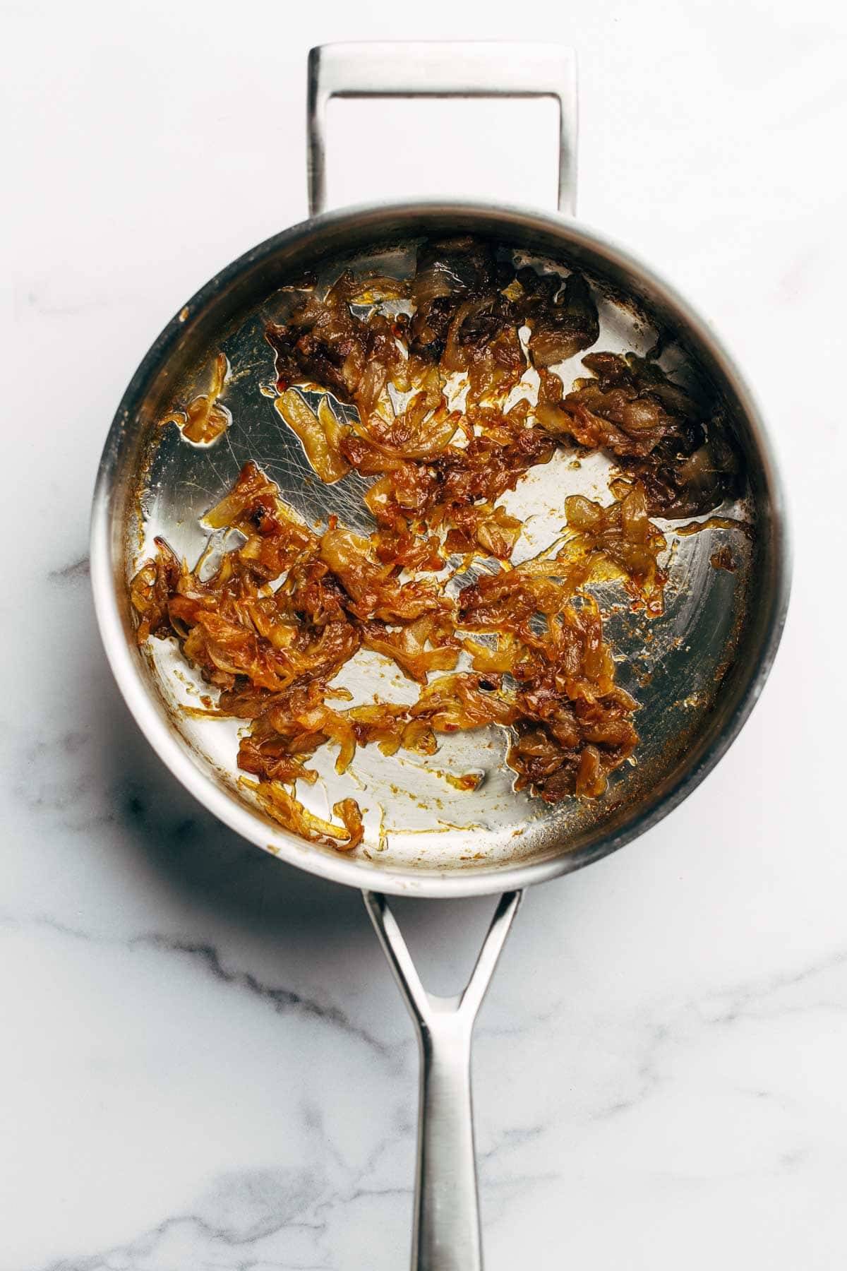 Caramelized onions in pan.