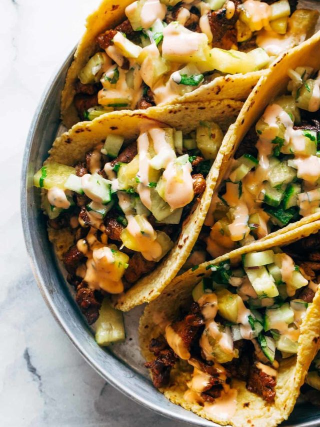 Caramelized Pork Tacos with Cucumber Pineapple Salsa