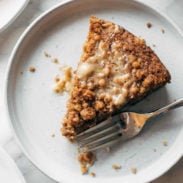 Carrot cake coffee cake on a plate with a fork square