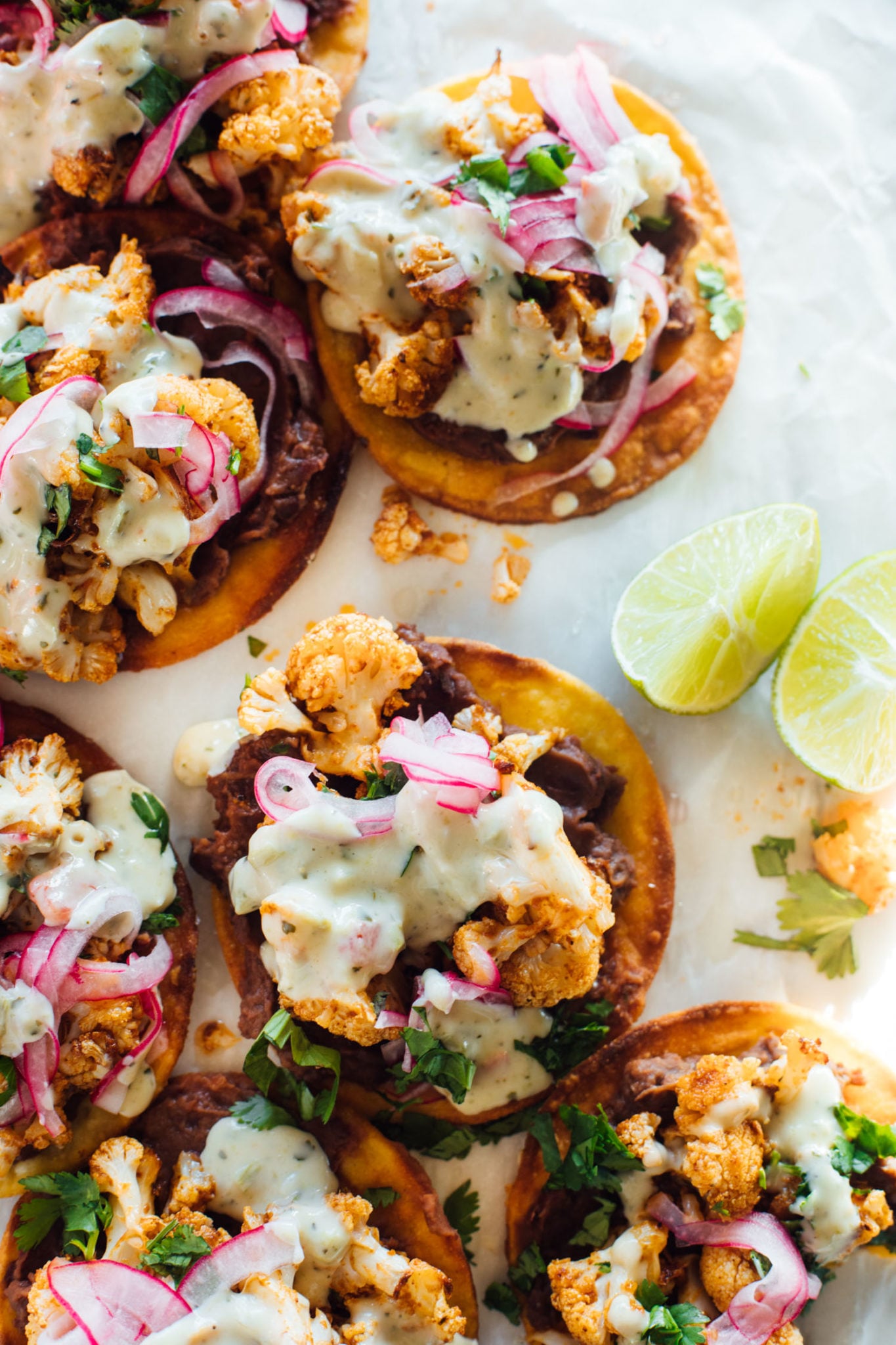Cauliflower Black Bean Tostadas with Queso and Pickled Onion Recipe