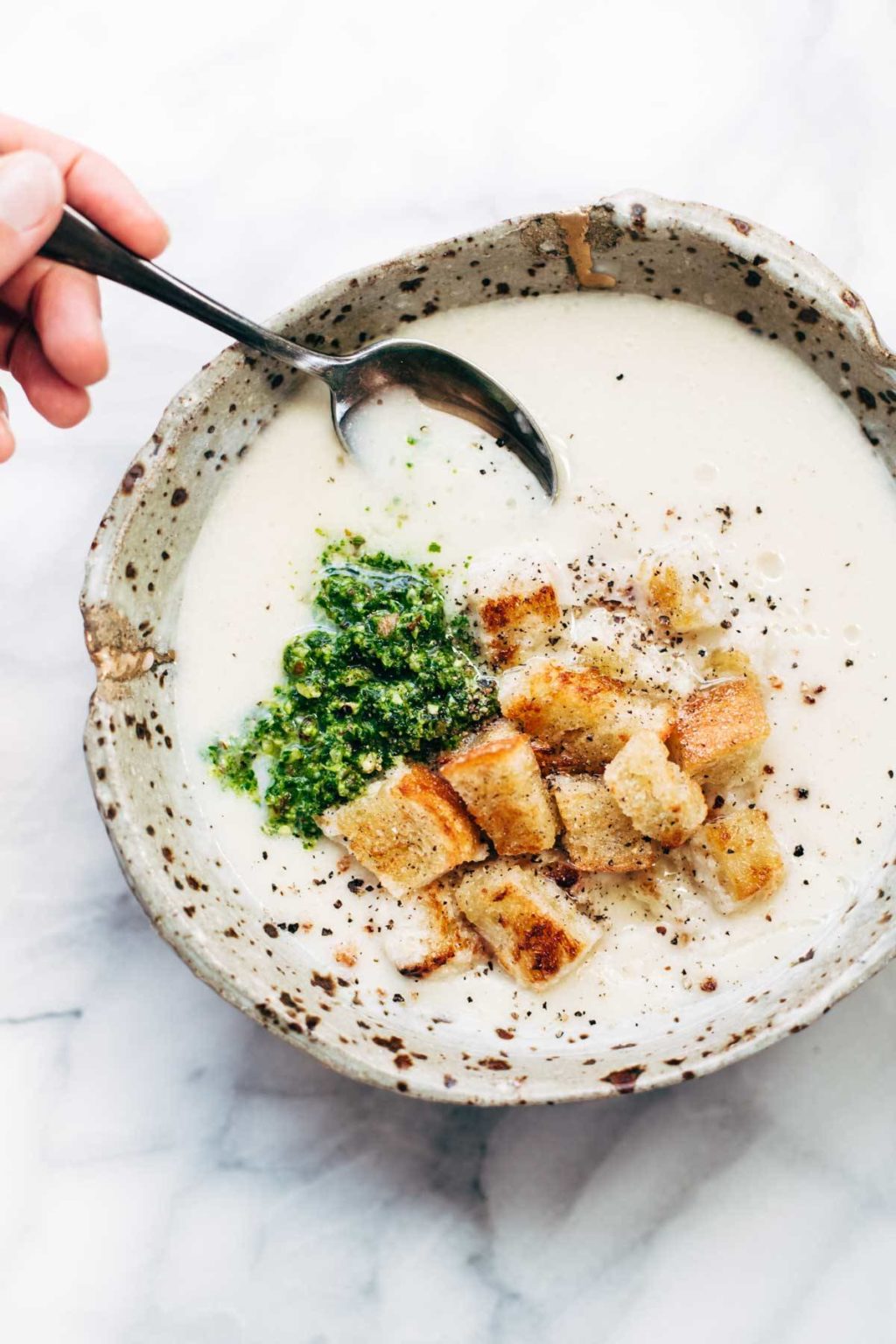 5 Ingredient Creamy Cauliflower Soup with Kale Pesto Recipe Pinch of Yum