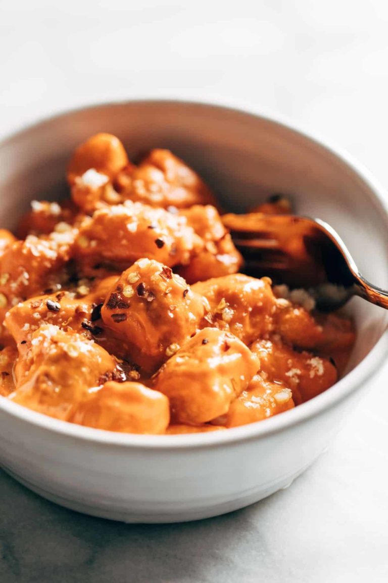 cauliflower gnocchi with chili onion crunch.