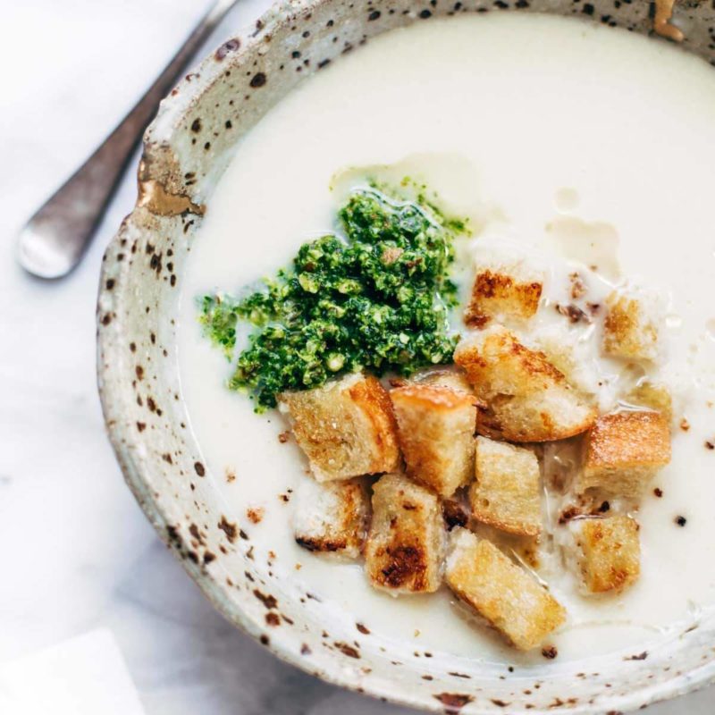 5 Ingredient Creamy Cauliflower Soup with Kale Pesto Recipe Pinch of Yum