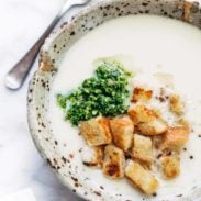 A picture of 5 Ingredient Cheesy Cauliflower Soup with Kale Pesto
