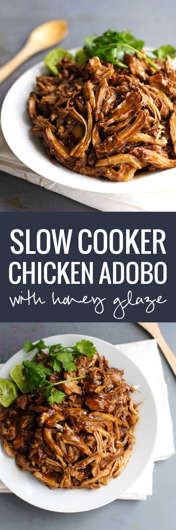 Honey Glazed Crockpot Chicken Adobo - simple pantry ingredients, hardly any hands-on time, 200 calories.