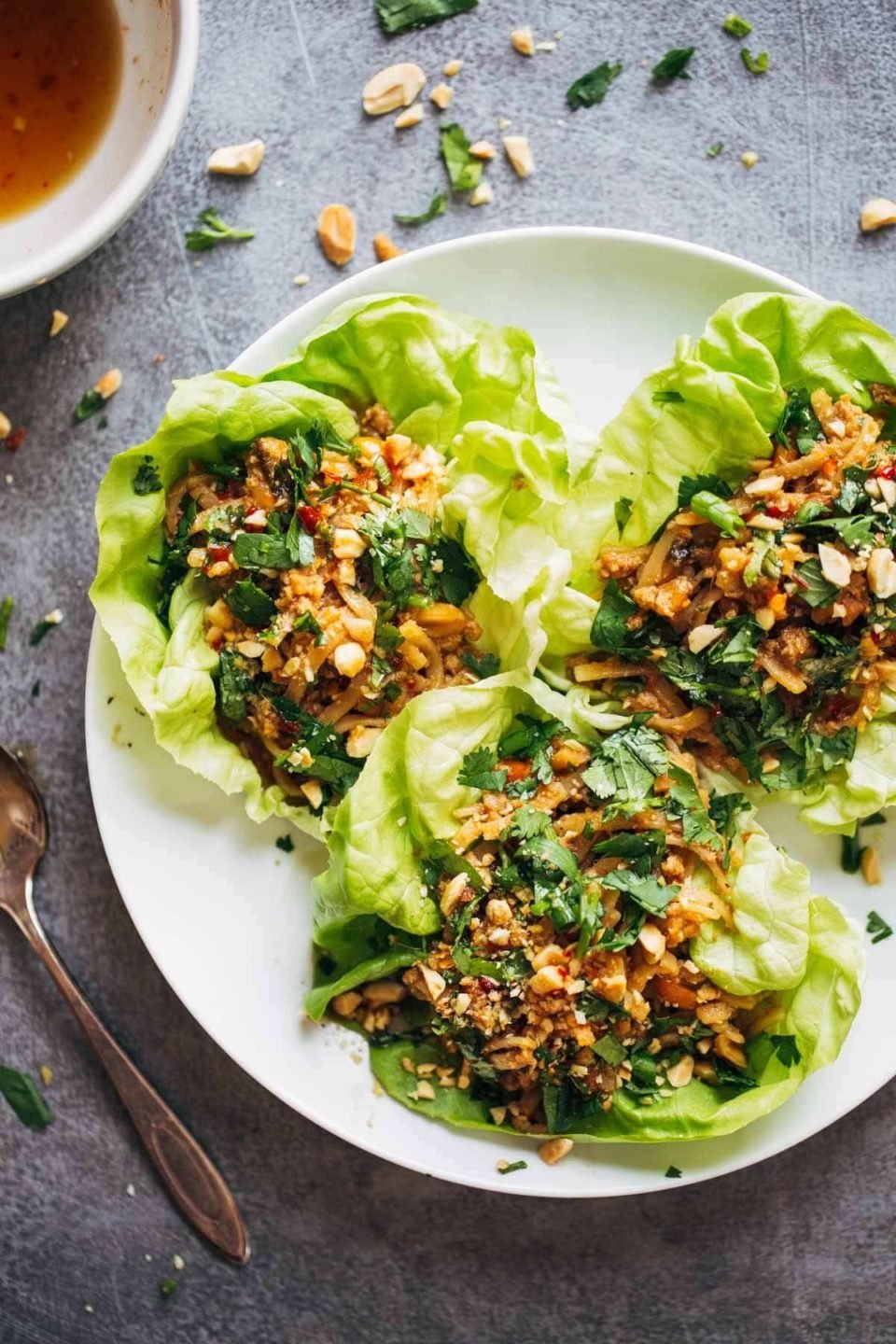 Peanut Chicken Lettuce Wraps with Ginger Garlic Sauce Recipe - Pinch of Yum