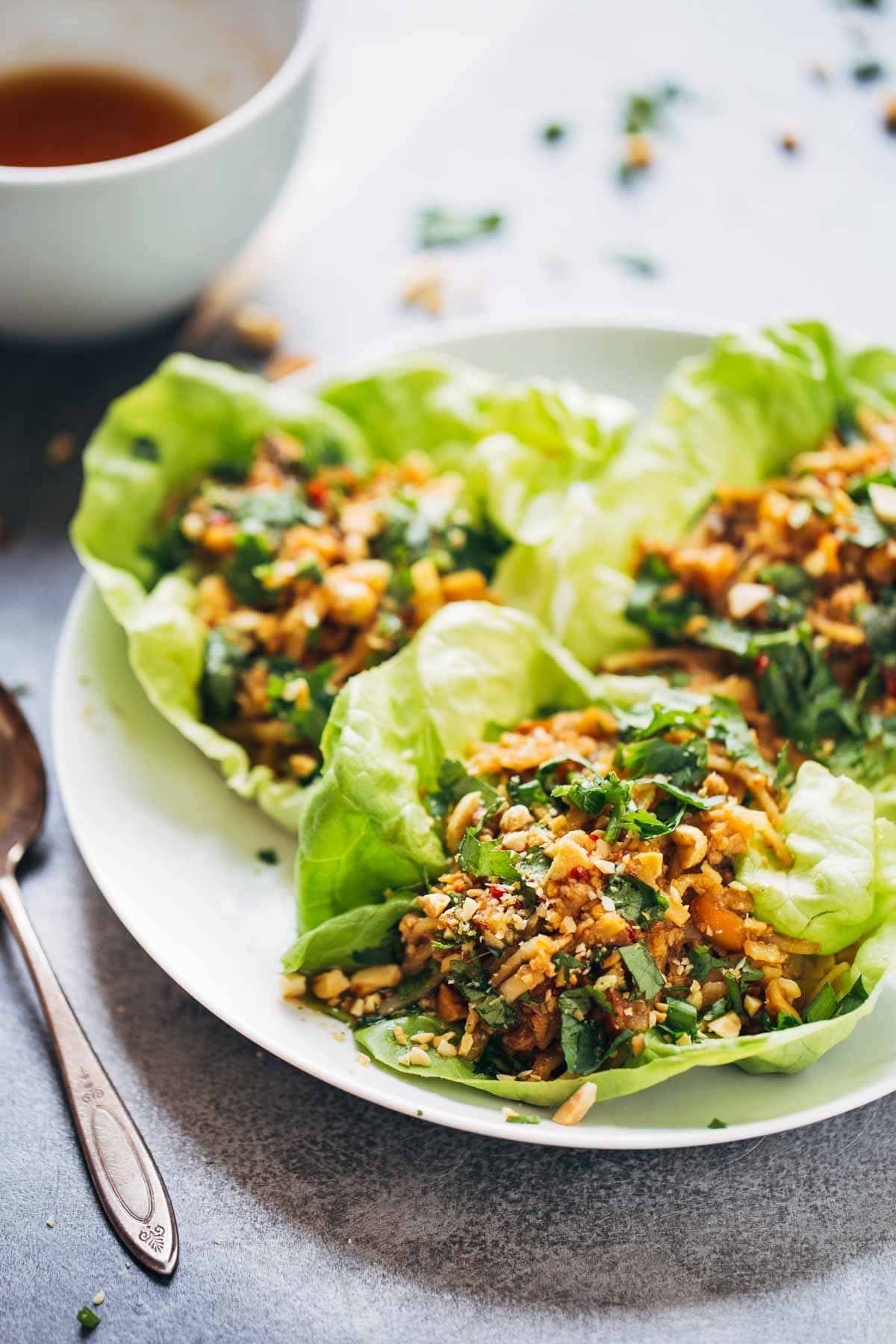 Peanut Chicken Lettuce Wraps with Ginger Garlic Sauce Recipe - Pinch of Yum