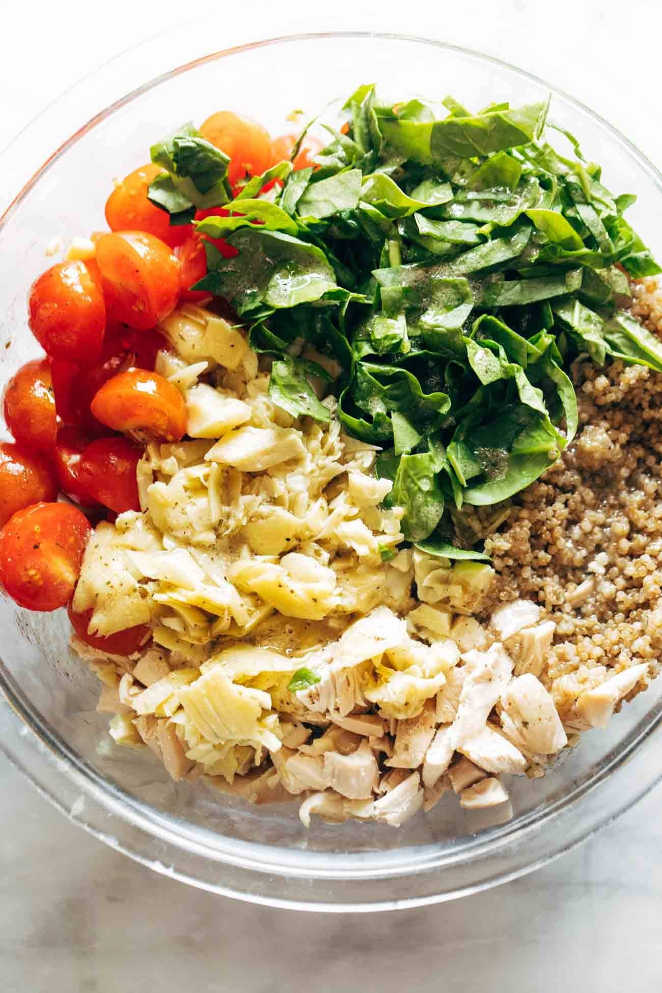 Ingredients for chicken quinoa salad in a bowl