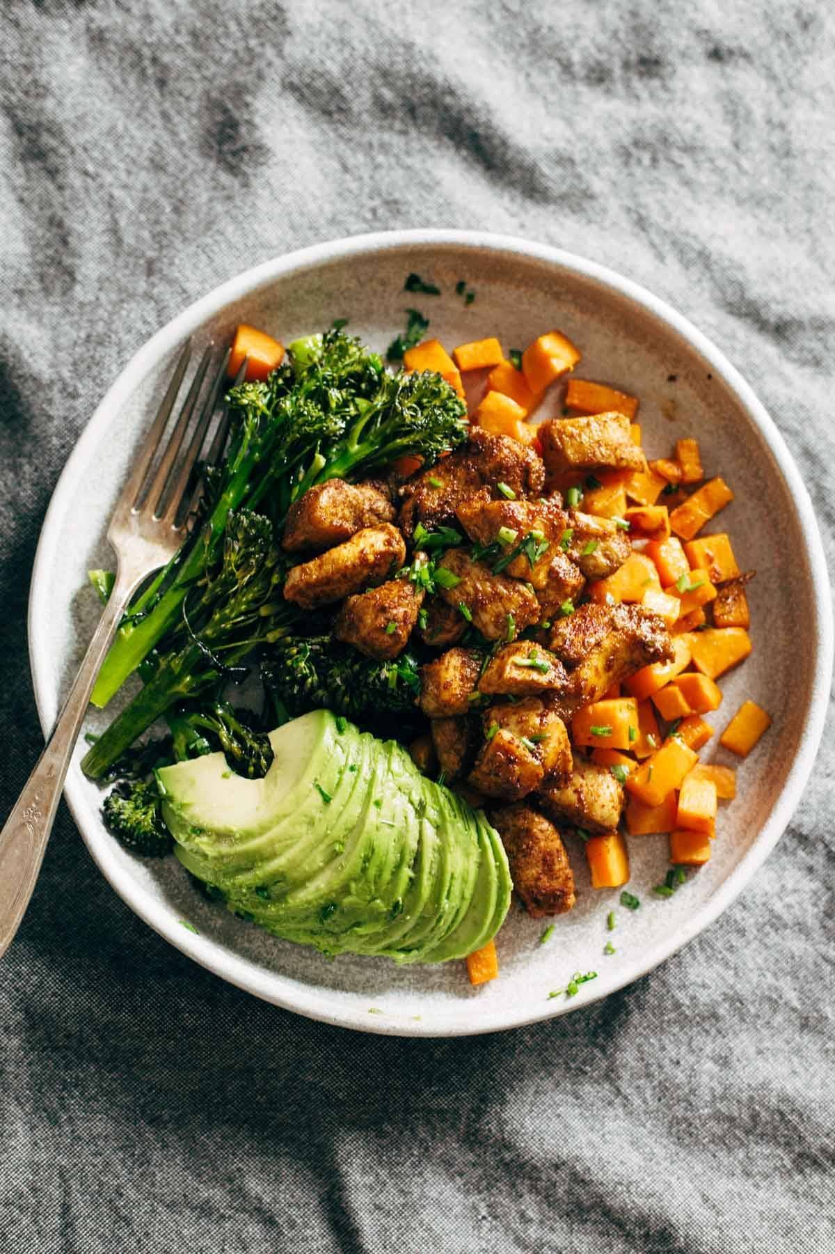 a plate of chicken and sweet potatoes with avocado and broccoli