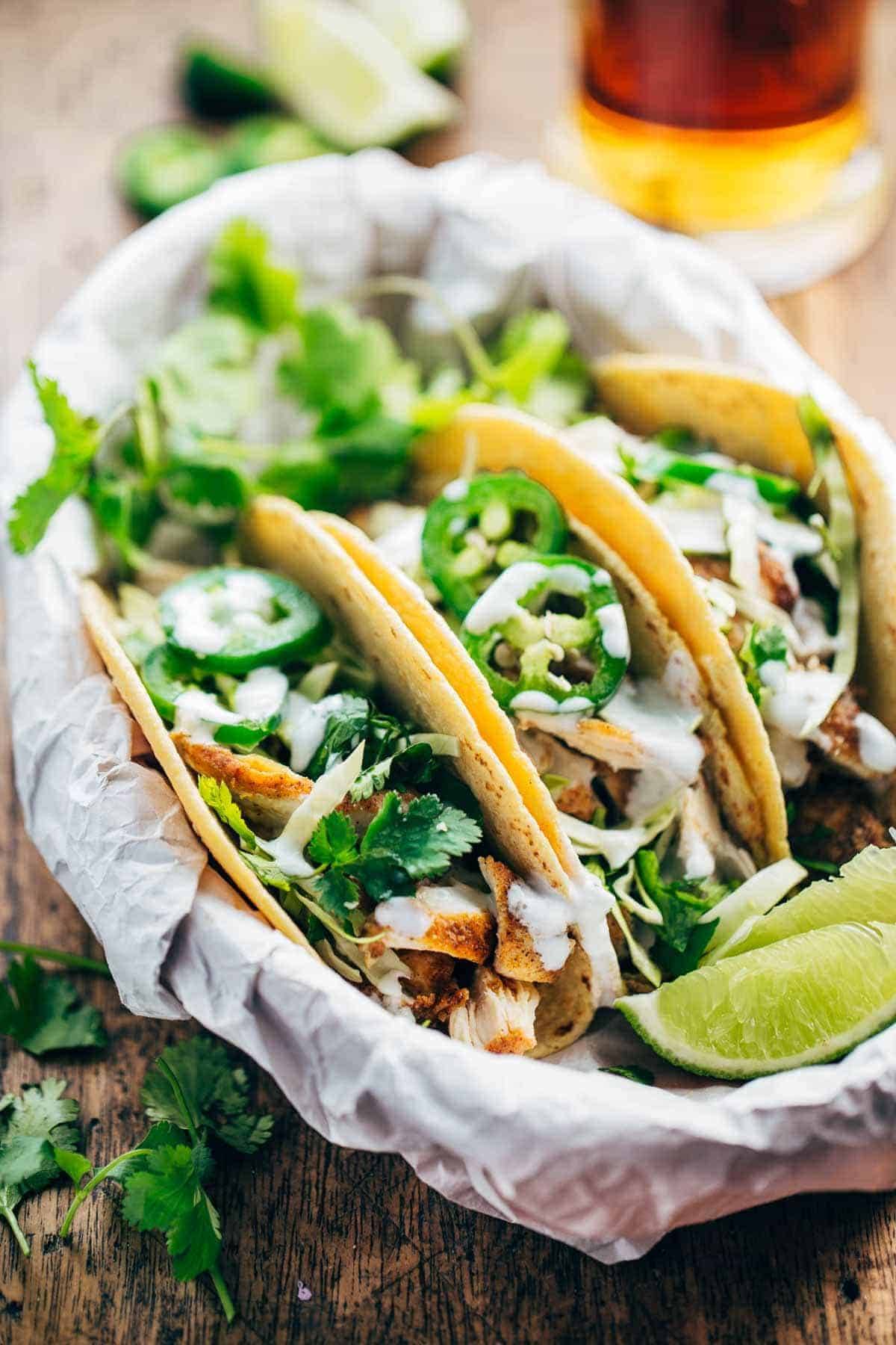 Ancho Chicken Tacos with toppings.