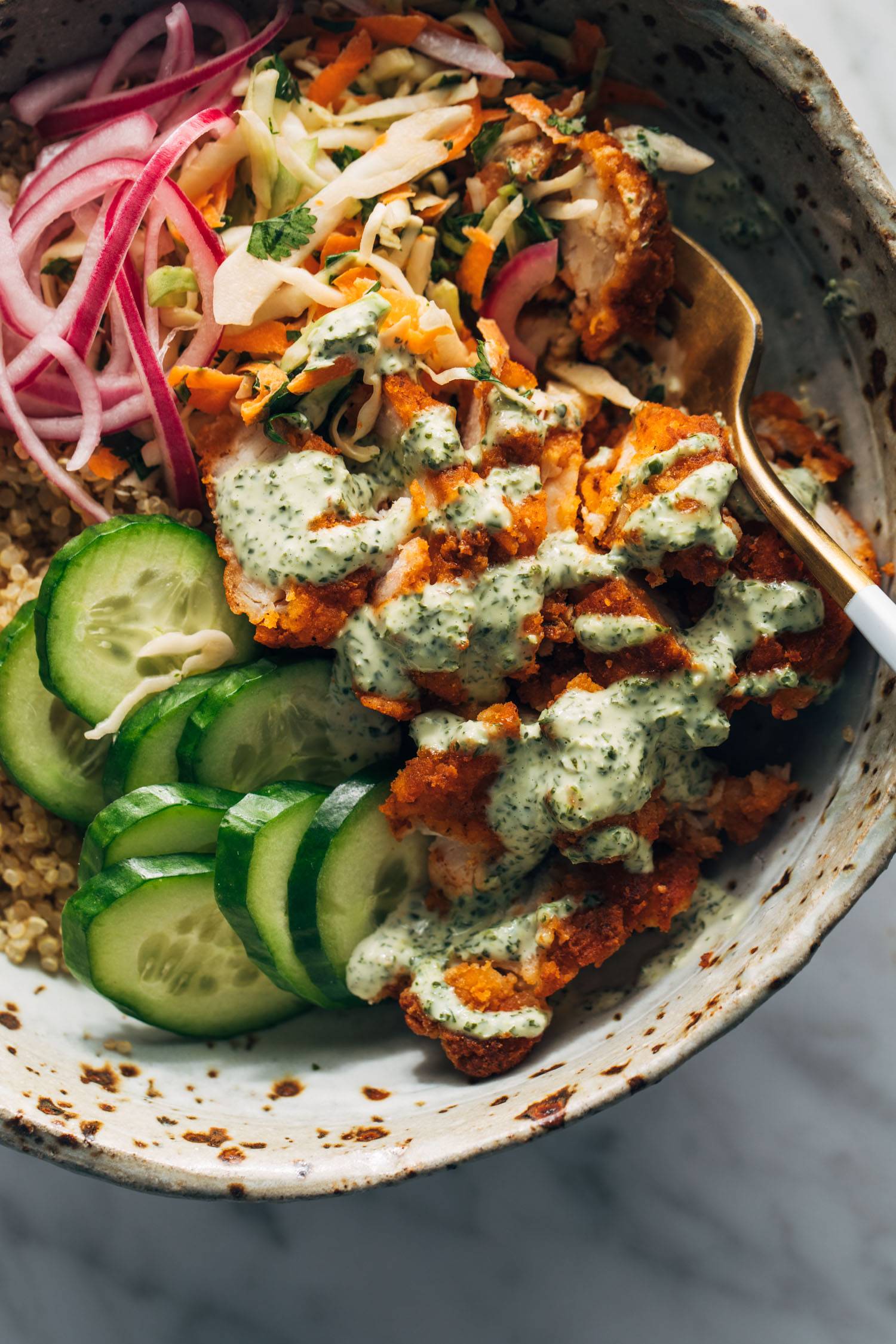 Crispy Chicken Tikka Bowls with Mint Sauce Recipe - Pinch of Yum