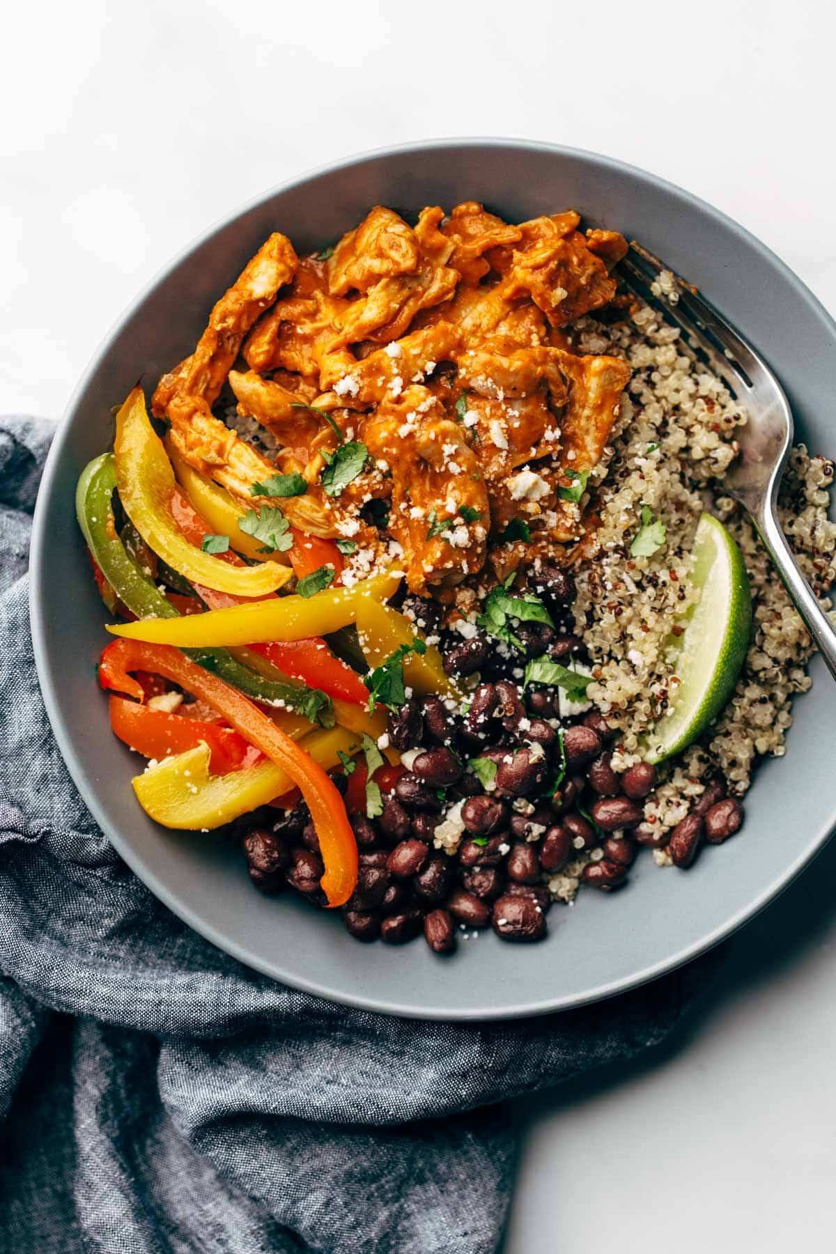 Chicken tinga in a bowl for meal prep.