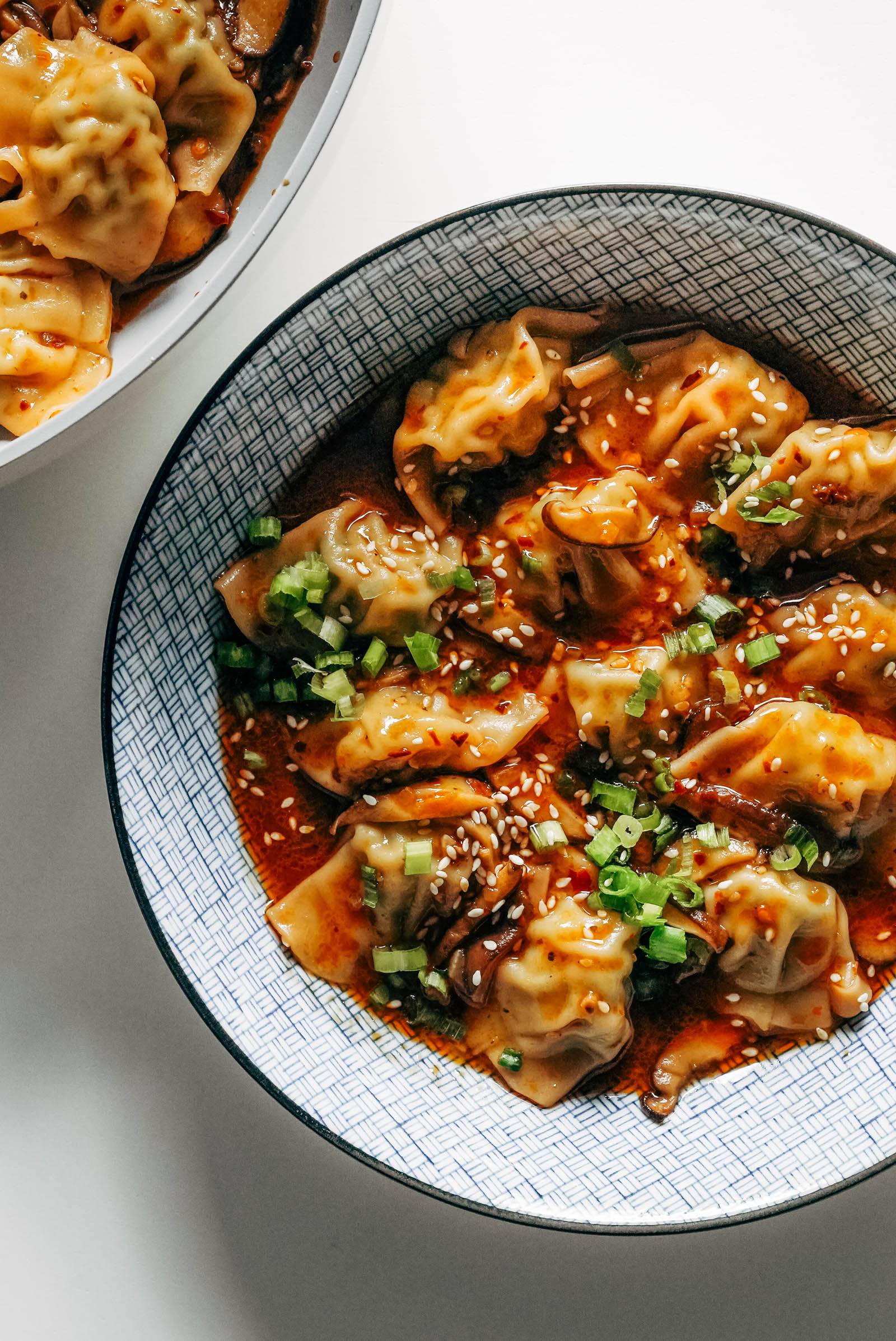 Chicken wontons in a spicy chili broth 