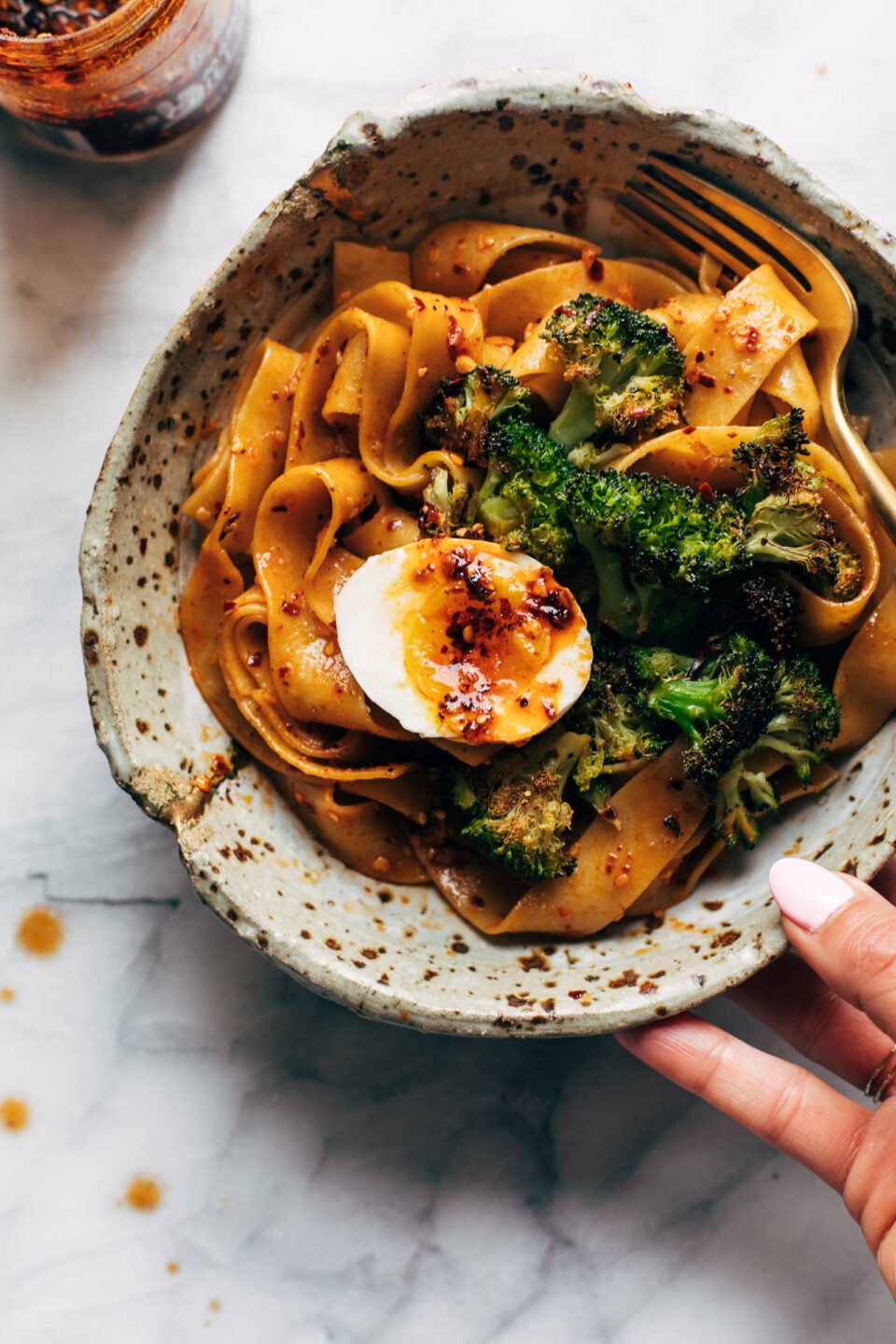Chili Garlic Pappardelle with Smashed Broccoli and Soft Eggs Recipe