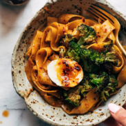 A picture of Chili Garlic Pappardelle with Smashed Broccoli and Soft Eggs