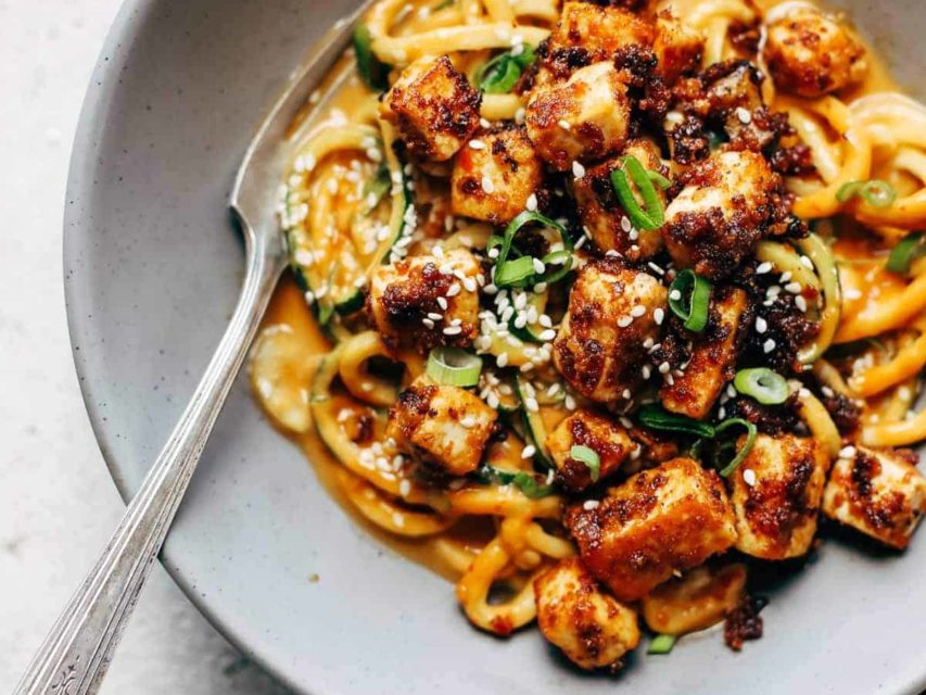 Spicy Sesame Zoodles with Crispy Tofu in bowl.